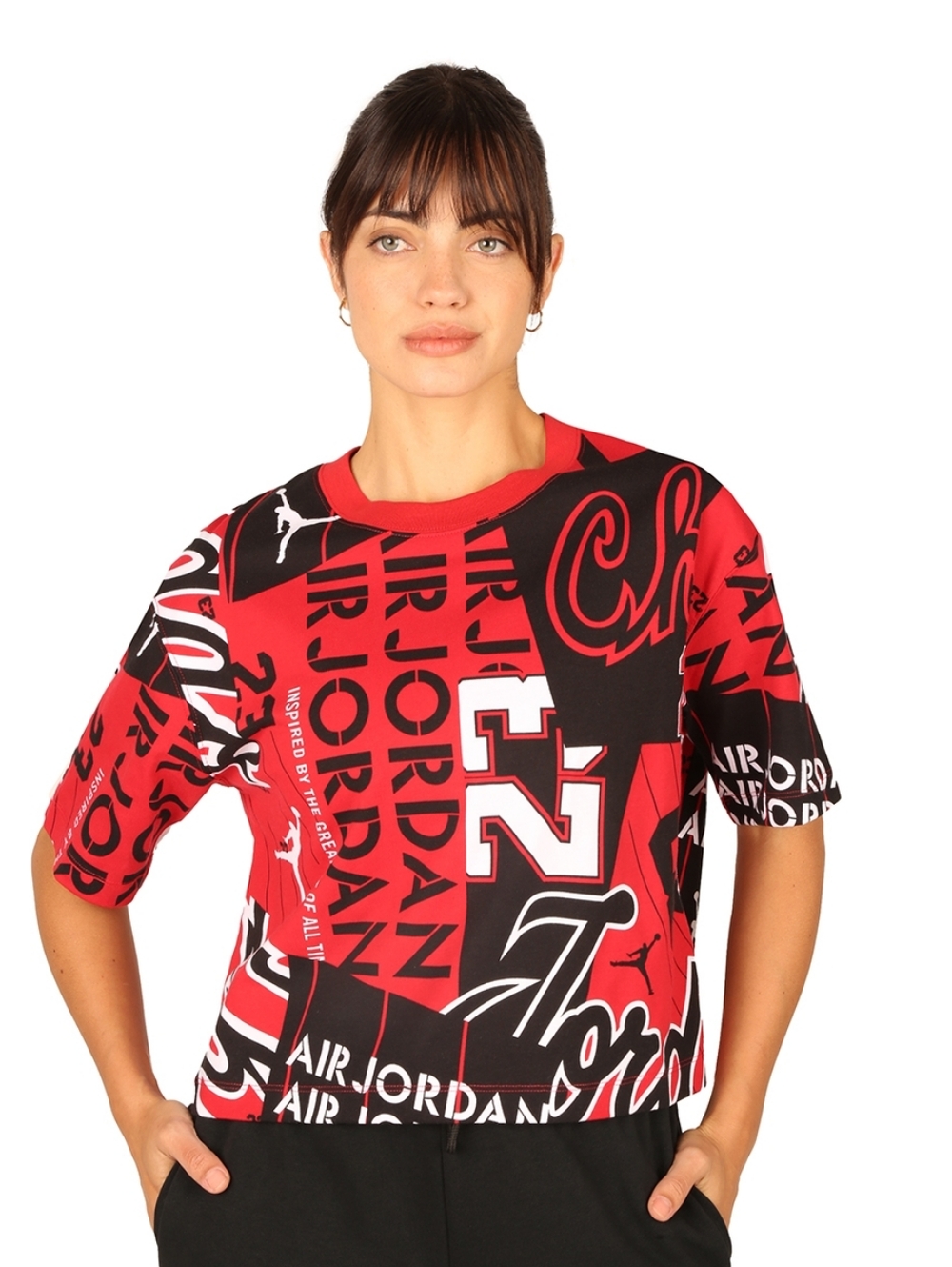 Air Jordan Heritage All Over Print Graphic Tee Red Black Crop T-Shirt Size S